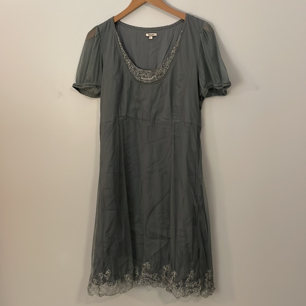 Noa Noa Blue Grey Metallic Floral Mesh Tulle Puff Sleeve Dress Size Large